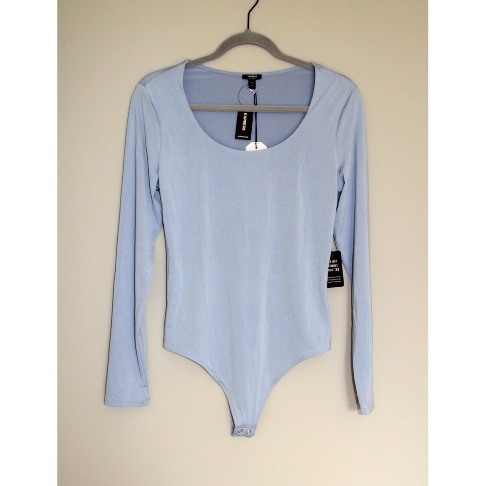 Express Body Contour Compression Long Sleeve Snap Thong Bodysuit Blue Medium NWT